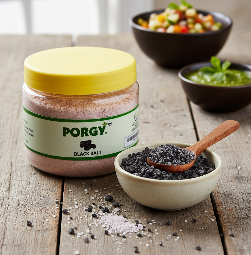 PORGY Black Salt Powder – 200g Tangy and aromatic kala namak for chaat, raita, salads and drinks