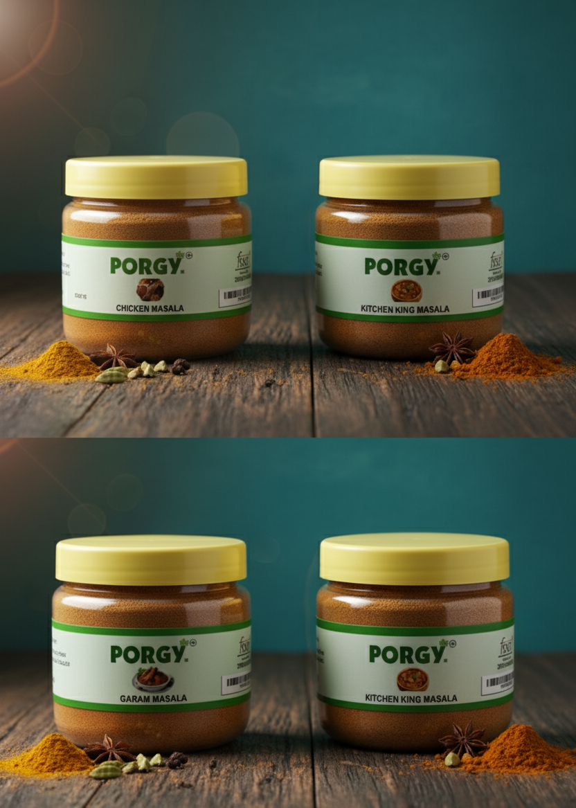 PORGY Spice Combo Pack – 400g Chicken Masala, Kitchen King, Garam Masala, Pav Bhaji Masala