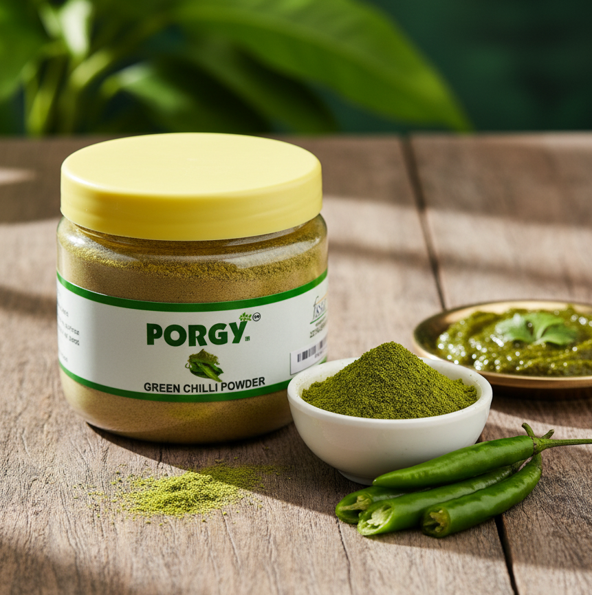 PORGY Green Chilli Powder – 100g Pure and spicy seasoning for curries